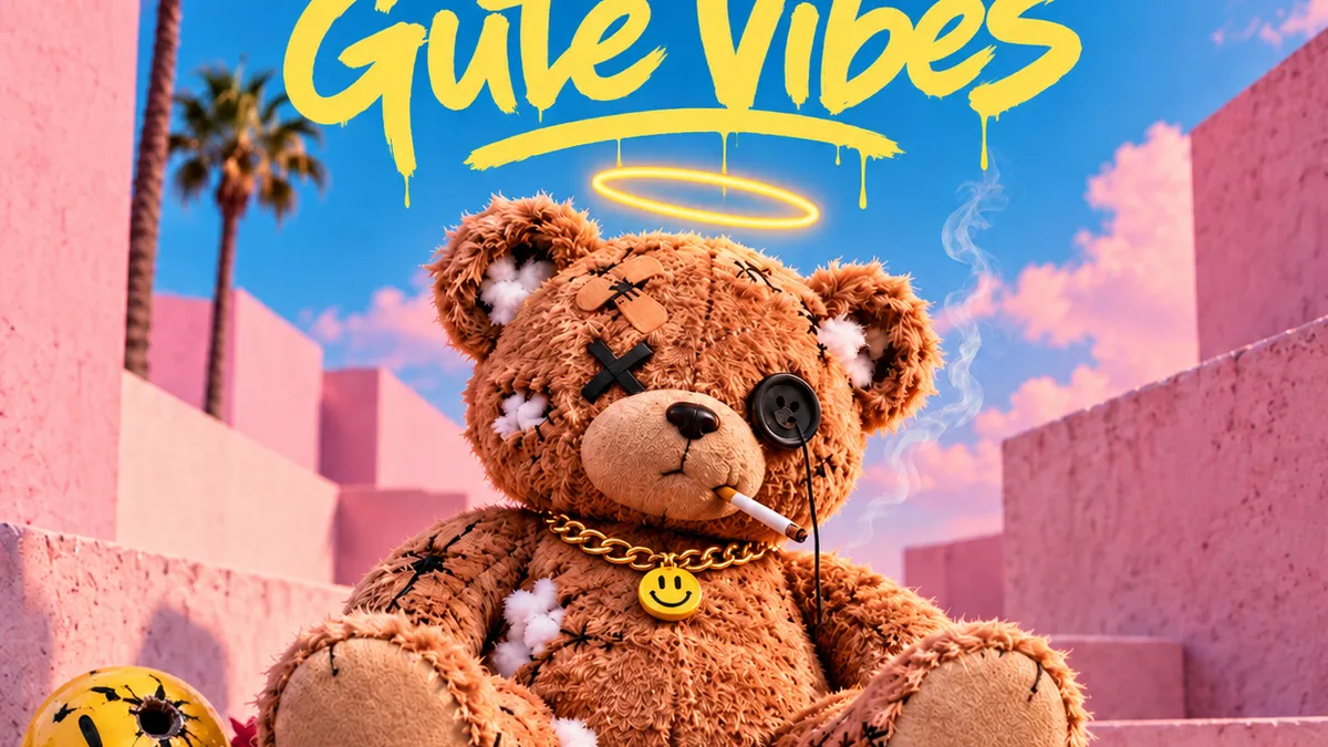 Teddybär zwischen Rosen und Patronenhülsen als Bild für Hoffnung und Risiko