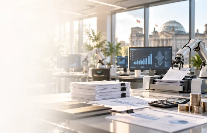 Automatisierter Büroarbeitsplatz mit Roboterarm, Monitoren und Finanzunterlagen – Symbolbild für KI, die menschliche Arbeit übernimmt