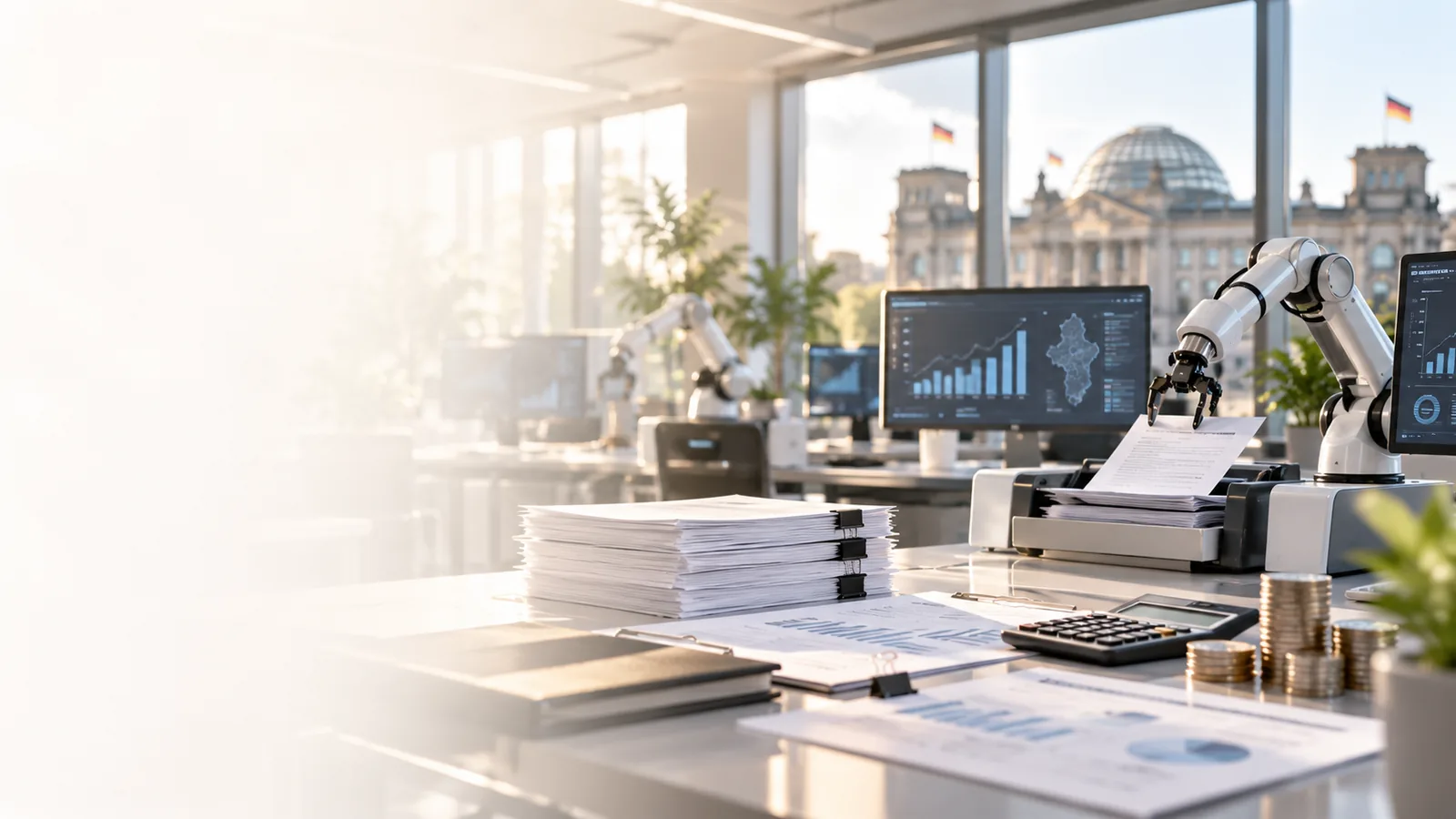 Automatisierter Büroarbeitsplatz mit Roboterarm, Monitoren und Finanzunterlagen – Symbolbild für KI, die menschliche Arbeit übernimmt